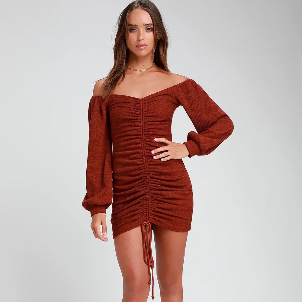 LULUS Rust Ruched Off-the-Shoulder Bodycon Dress
